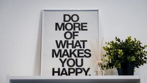 Framed quote 'Do More of What Makes You Happy' with plant and aroma diffuser.